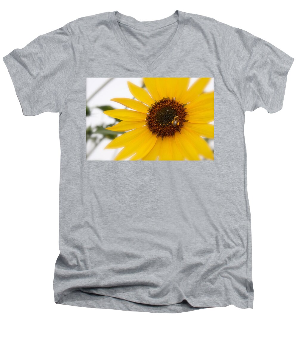 Sunflower Photograph Men's V-Neck T-Shirt featuring the photograph Vivid Sunflower with Bee Fine Art Nature Photography by Jerry Cowart