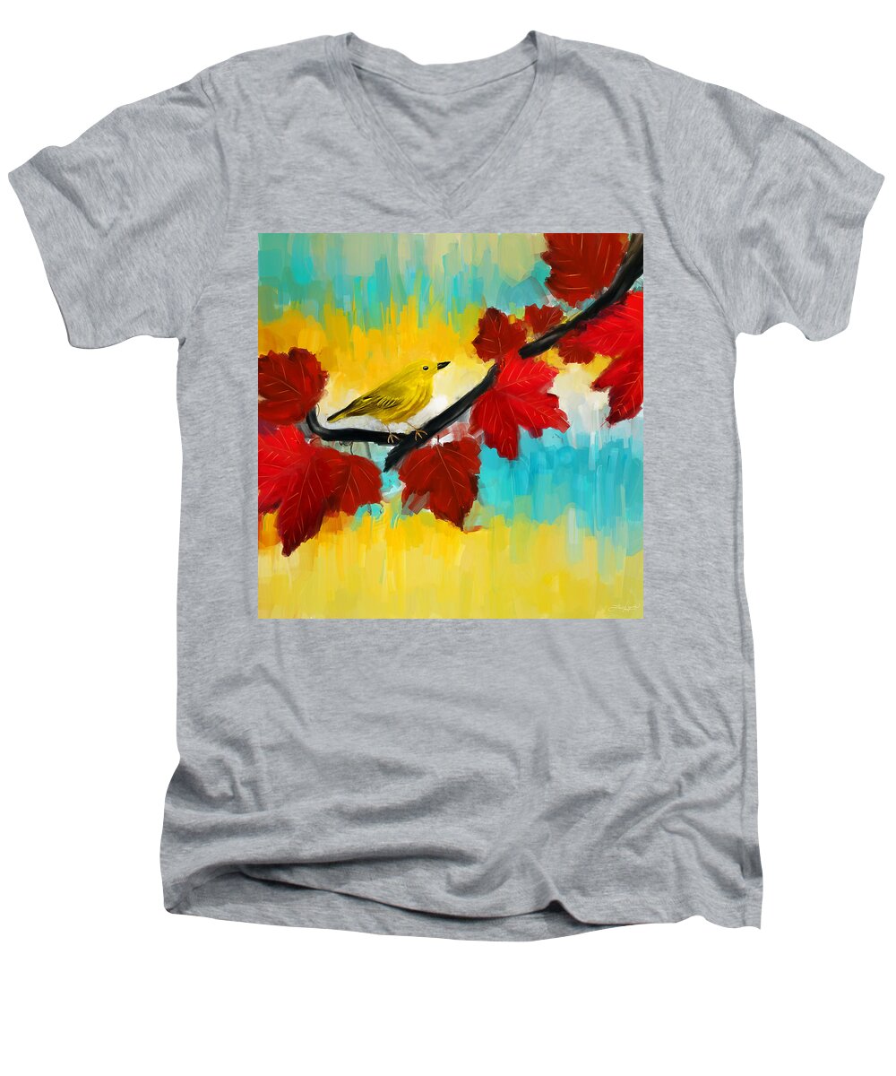 Yellow Men's V-Neck T-Shirt featuring the painting Vividness by Lourry Legarde