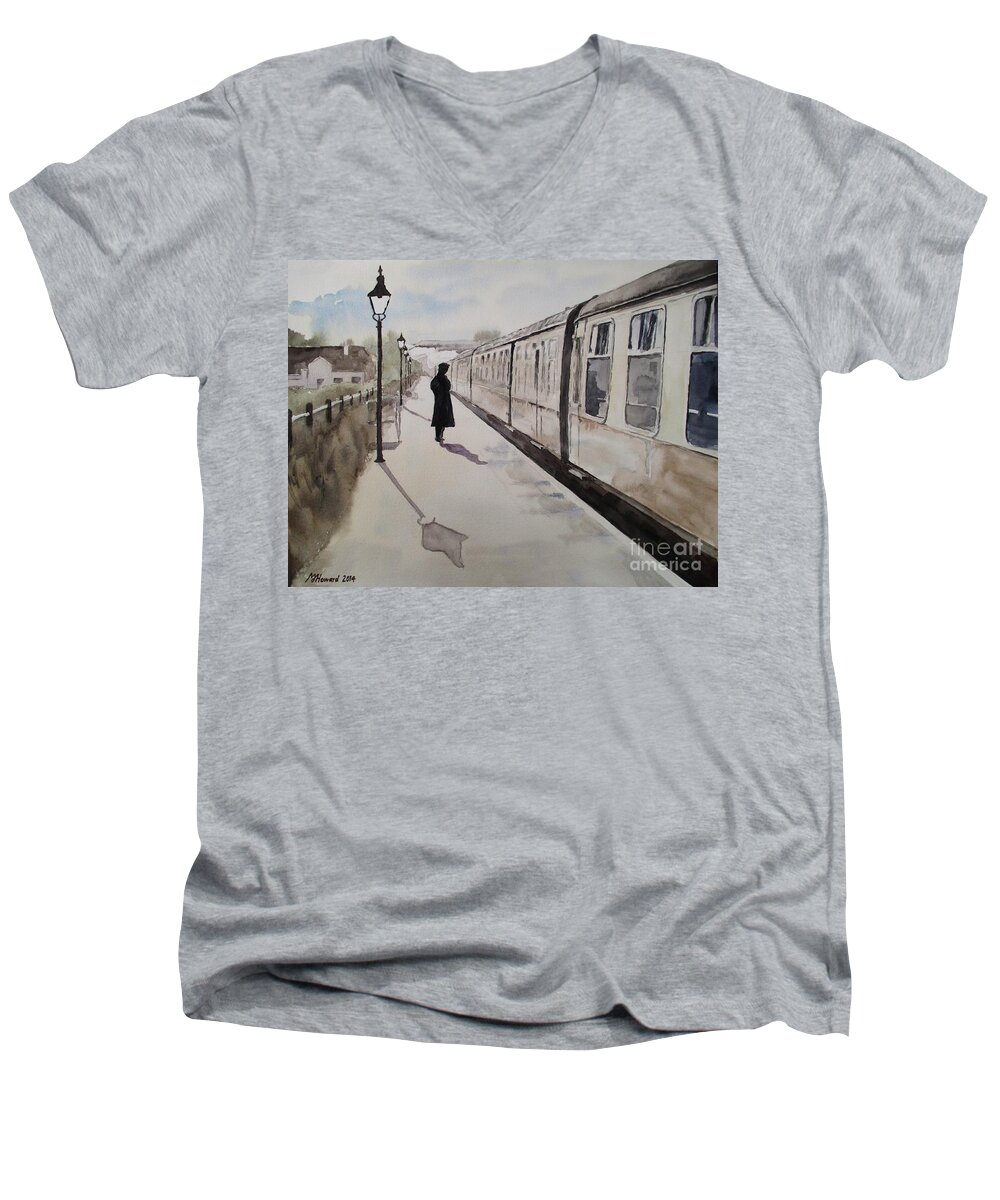 West Somerset Railway Men's V-Neck T-Shirt featuring the painting Waiting At Williton by Martin Howard