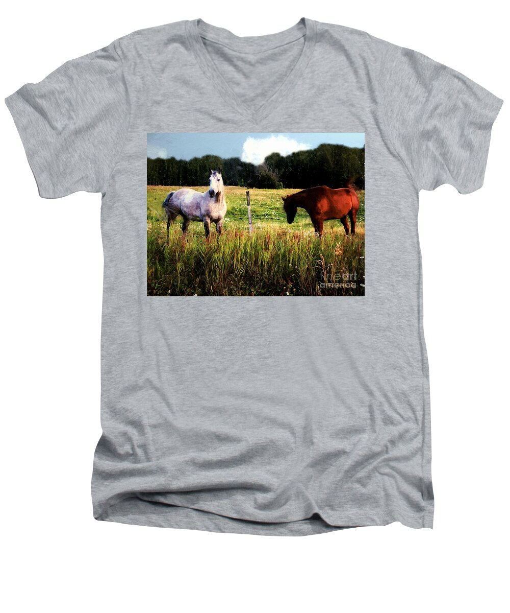 Horses Men's V-Neck T-Shirt featuring the painting Waiting for Apples by RC DeWinter