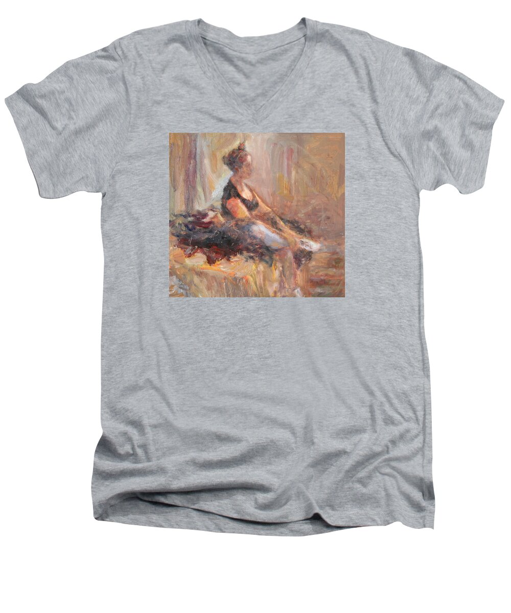 Quinsweetman Men's V-Neck T-Shirt featuring the painting Waiting for Her Moment - Impressionist Oil Painting by Quin Sweetman