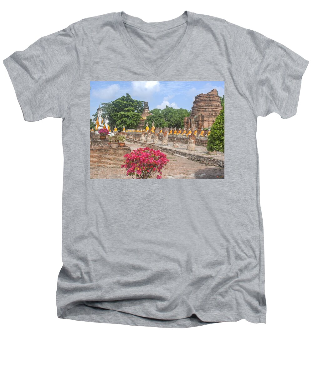 Scenic Men's V-Neck T-Shirt featuring the photograph Wat Phra Chao Phya-Thai Buddha Images and Ruined Chedi DTHA004 by Gerry Gantt