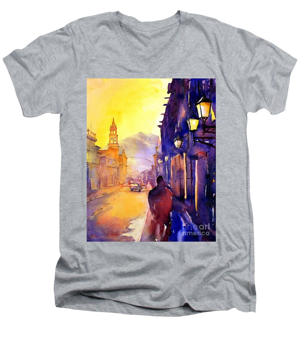 American Watercolor Society Men's V-Neck T-Shirt featuring the painting Watercolor painting of street and church Morelia Mexico by Ryan Fox