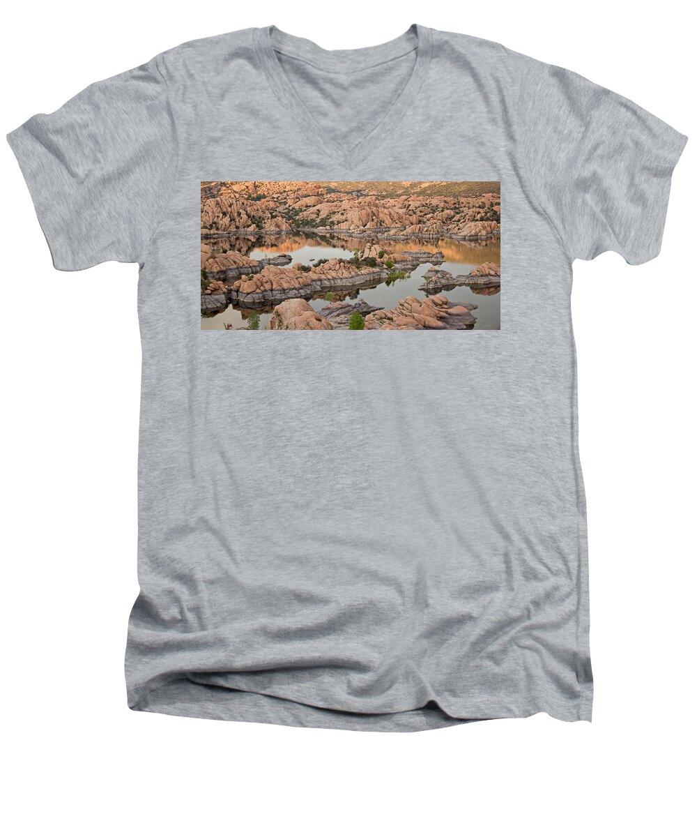 Prescott Men's V-Neck T-Shirt featuring the photograph Watson Lake Sunset by Angie Schutt