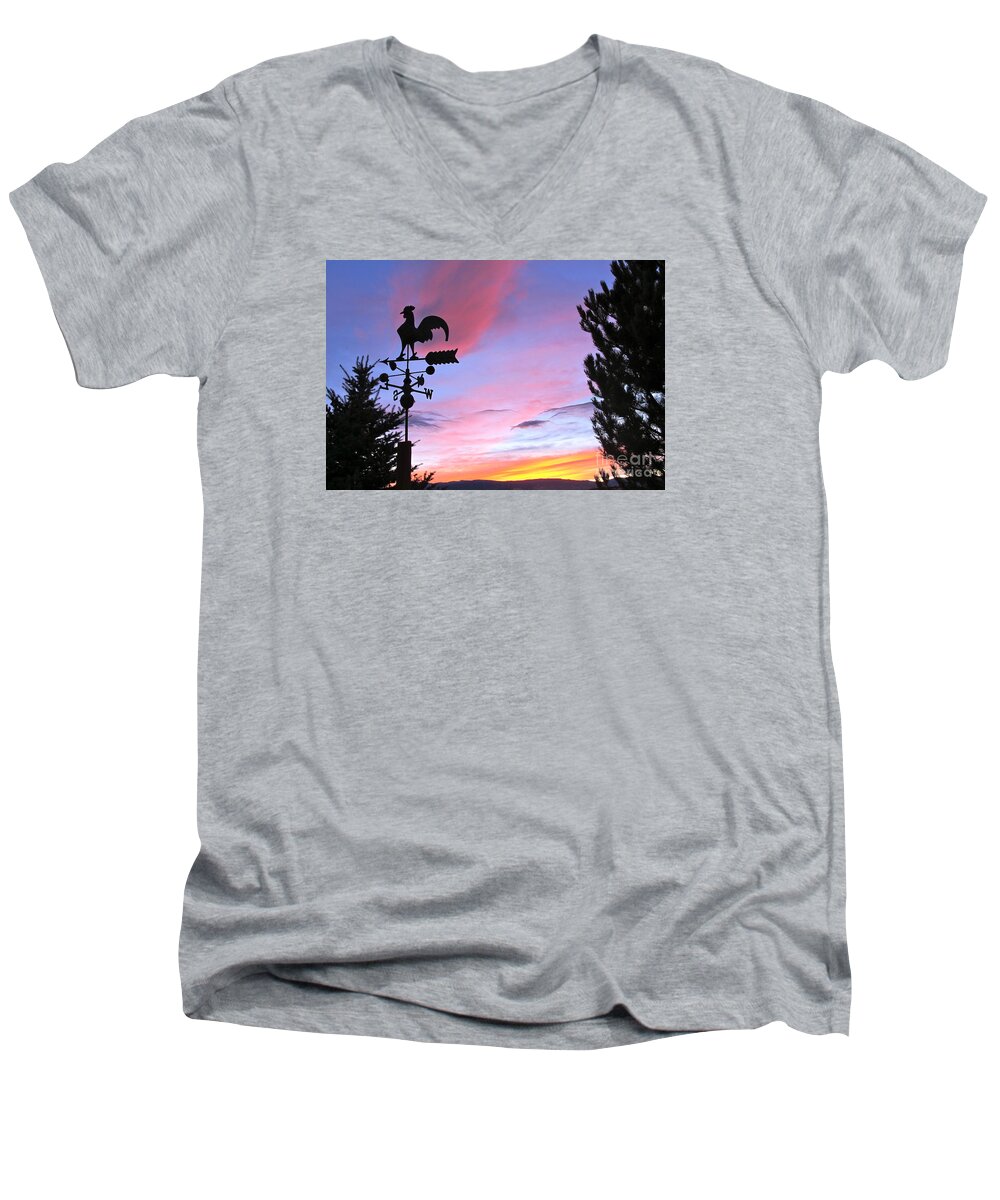 Rooster Men's V-Neck T-Shirt featuring the photograph Weather Vane Sunset by Phyllis Kaltenbach