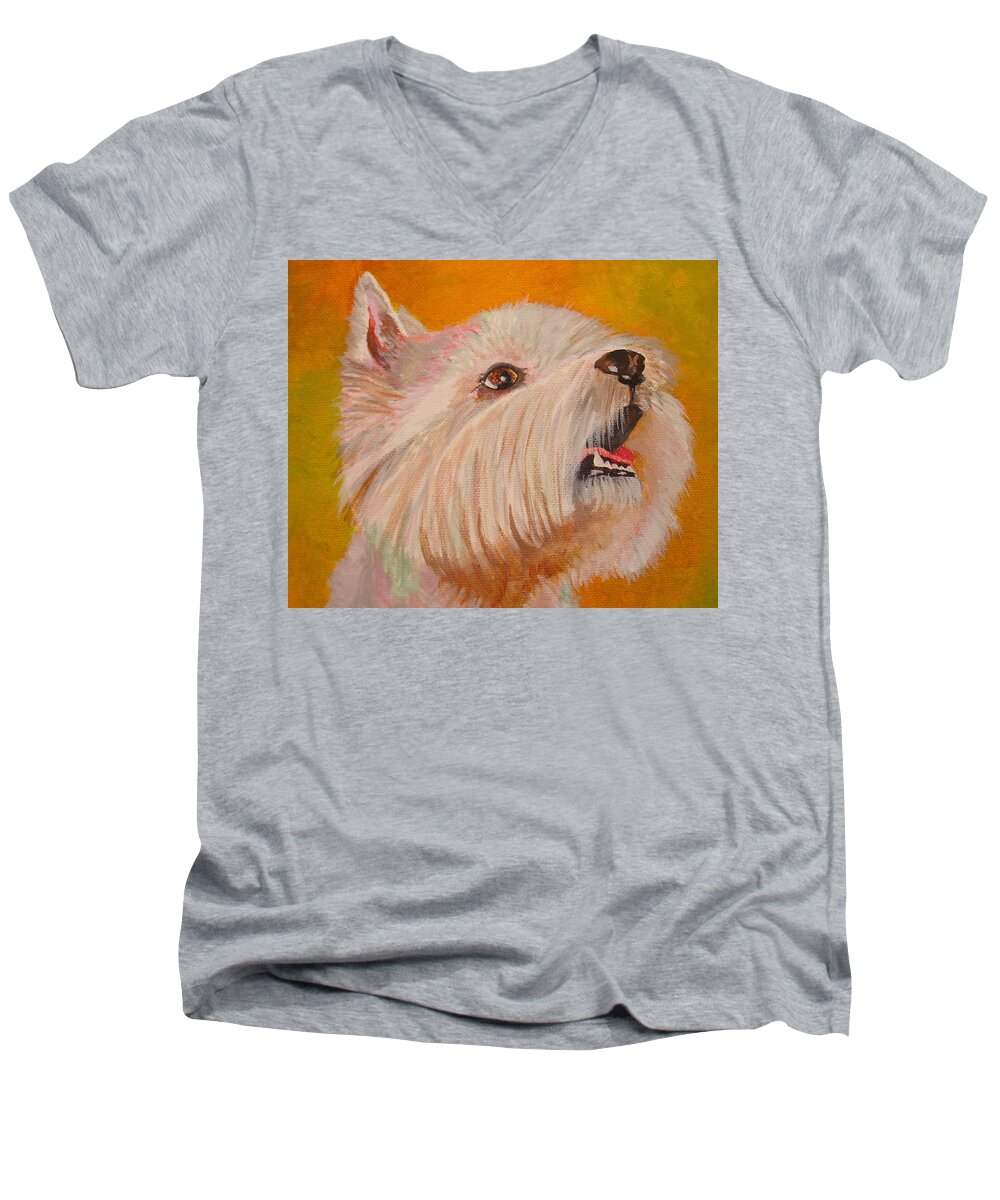 Dog Men's V-Neck T-Shirt featuring the painting Westie Portrait by Taiche Acrylic Art