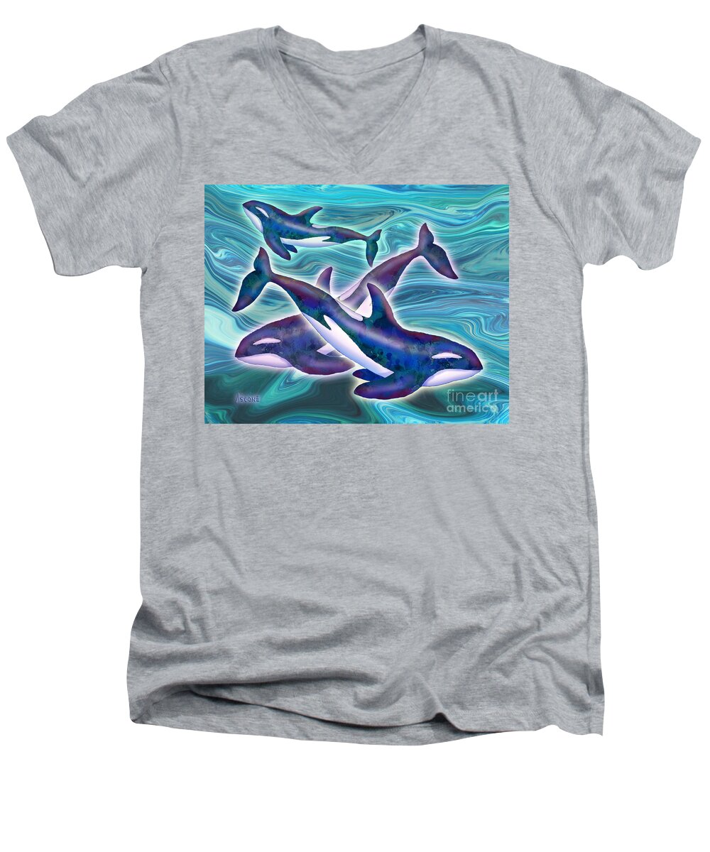 Whale Men's V-Neck T-Shirt featuring the mixed media Whale Whimsey by Teresa Ascone