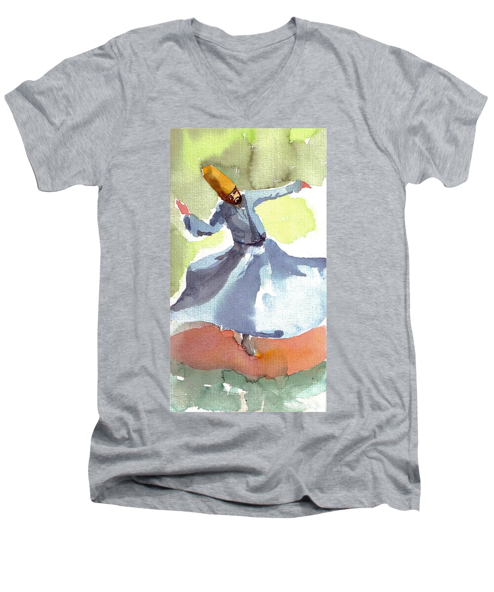 Dervish Men's V-Neck T-Shirt featuring the painting Whirling Dervish by Faruk Koksal