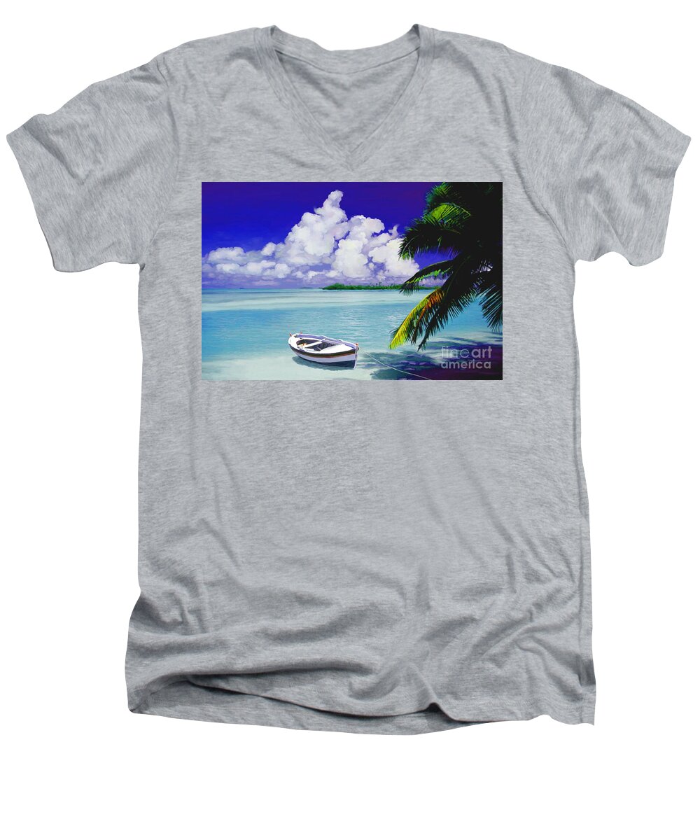 Tropical Men's V-Neck T-Shirt featuring the painting White boat on a tropical island by David Van Hulst