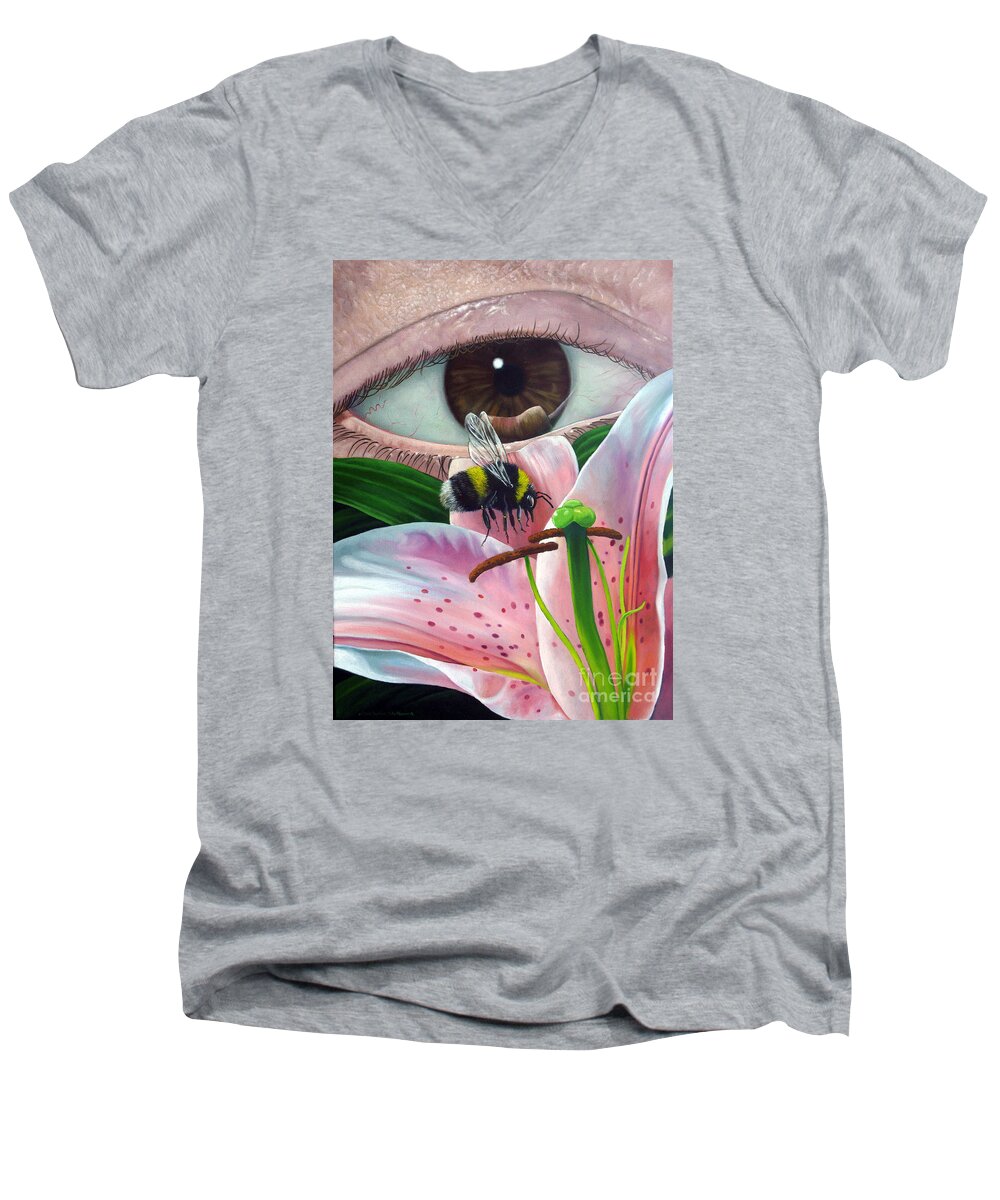 Bumble Bee Men's V-Neck T-Shirt featuring the painting White Tailed Bumble Bee Upon Lily Flower by Christopher Shellhammer