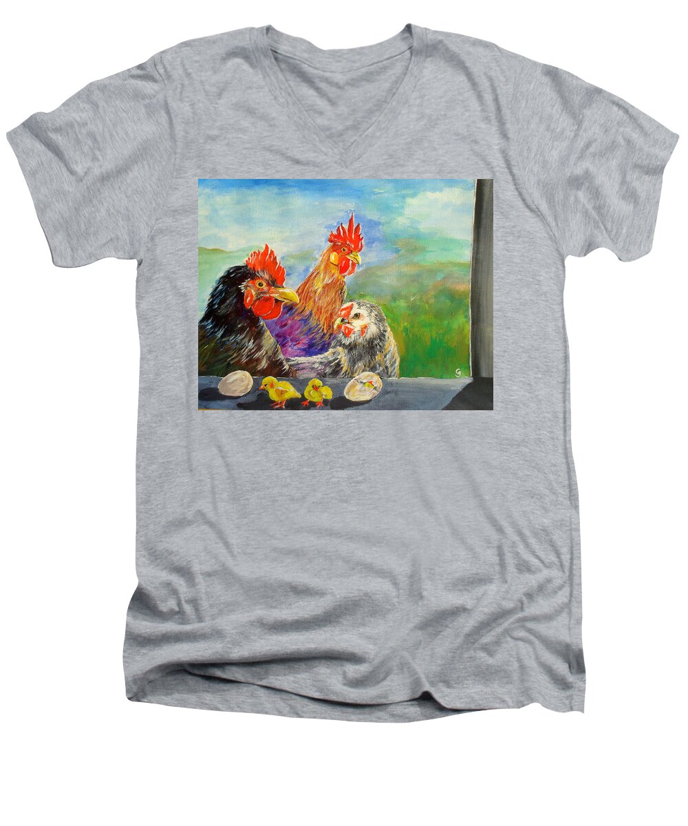 Original Chicken Painting Men's V-Neck T-Shirt featuring the painting Whose Egg isThat by Cheryl Nancy Ann Gordon