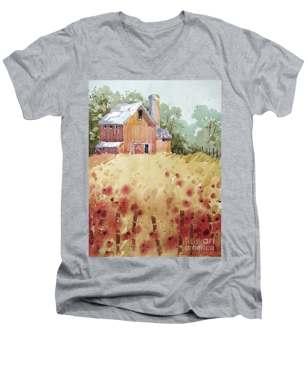 Barn Men's V-Neck T-Shirt featuring the painting Wild Poppies by Joyce Hicks