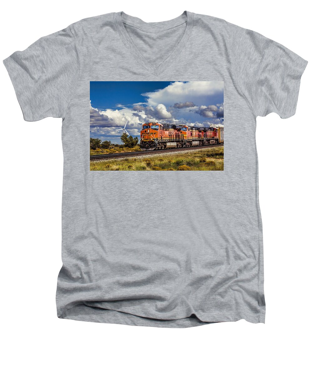 Fred Larson Men's V-Neck T-Shirt featuring the photograph Wind and Rail by Fred Larson