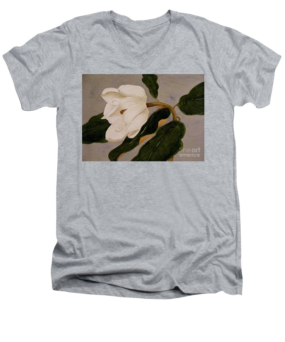 Magnolias Petals Assume So Many Beautiful Shapes Which Are Moody And Men's V-Neck T-Shirt featuring the painting Windblown Magnolia by Nancy Kane Chapman