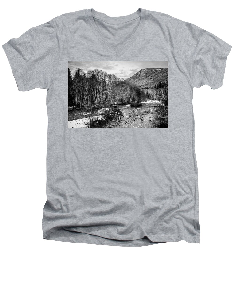 Black And White Men's V-Neck T-Shirt featuring the photograph Winter Backroads Englishman River by Roxy Hurtubise