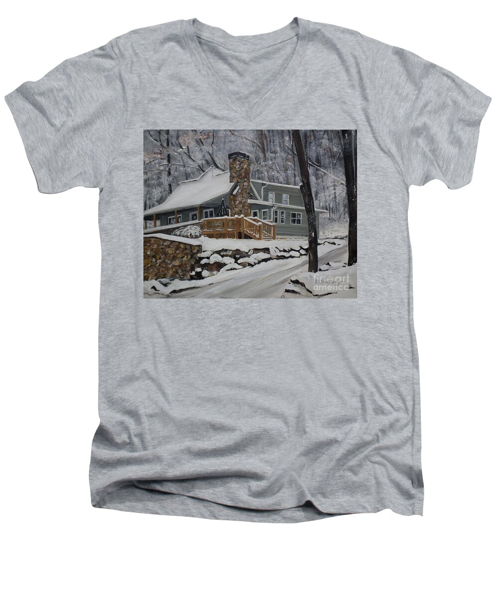 A Cabin In The Woods Men's V-Neck T-Shirt featuring the painting Winter - Cabin - in the Woods by Jan Dappen