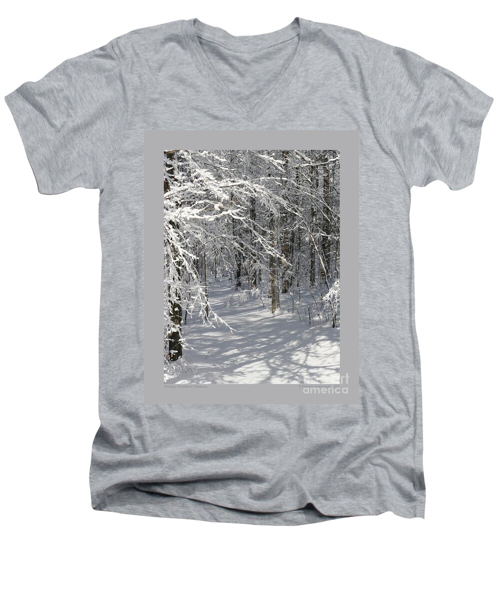 Winter Men's V-Neck T-Shirt featuring the photograph Wintery Woodland Shadows by Patricia Overmoyer