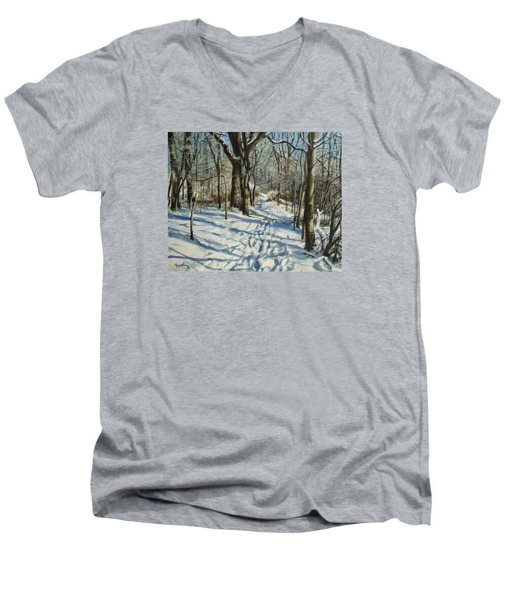 Winter Men's V-Neck T-Shirt featuring the painting Woodland Journey by William Brody