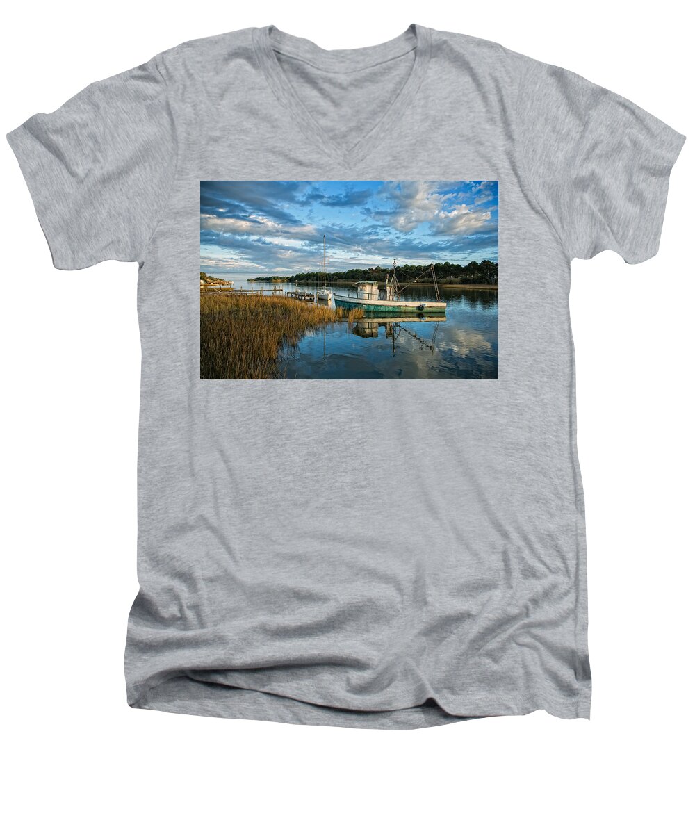 Apalachicola Bay Men's V-Neck T-Shirt featuring the photograph Work Boat Apalachicola by Jurgen Lorenzen