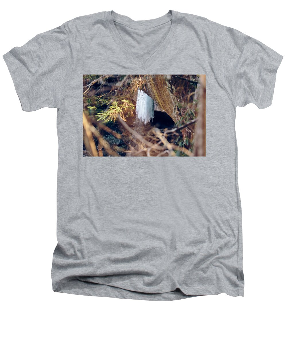 1st Men's V-Neck T-Shirt featuring the photograph Yahoo Falls Frozen 1 by Amber Flowers