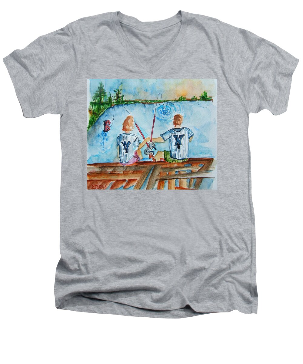 Yankee Men's V-Neck T-Shirt featuring the painting Yankee Fans Day Off by Elaine Duras