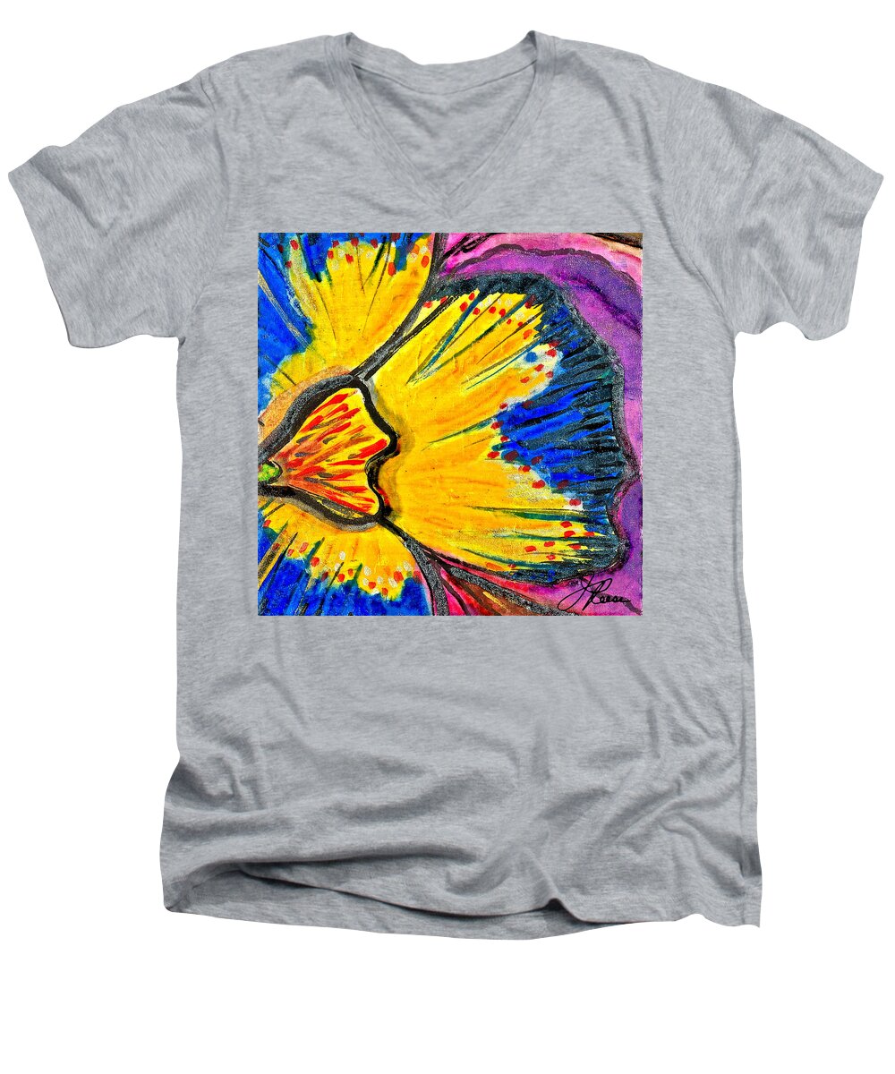 Flower Men's V-Neck T-Shirt featuring the painting Yellow Blue Flower by Joan Reese