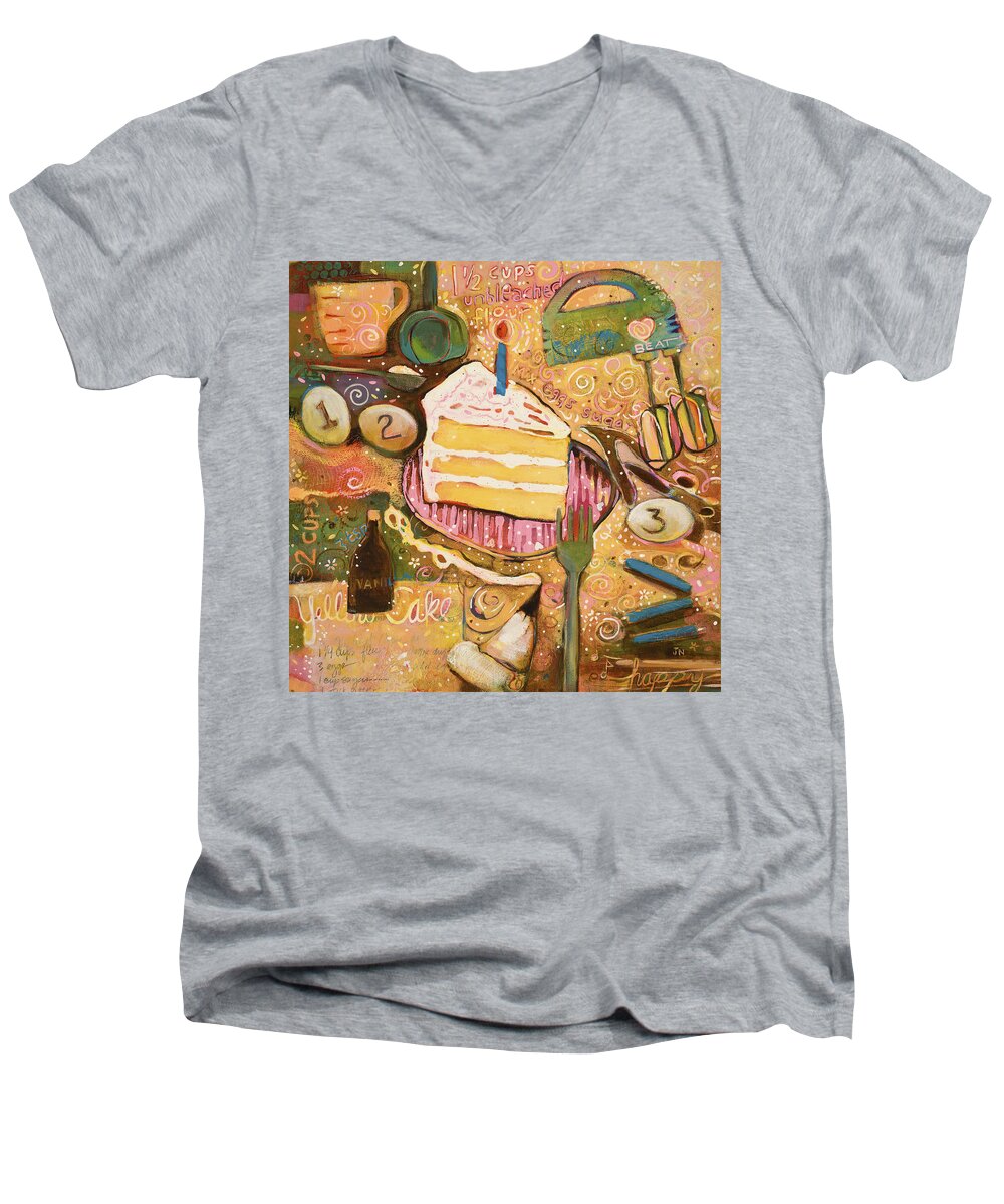 Jen Norton Men's V-Neck T-Shirt featuring the painting Yellow Cake Recipe by Jen Norton
