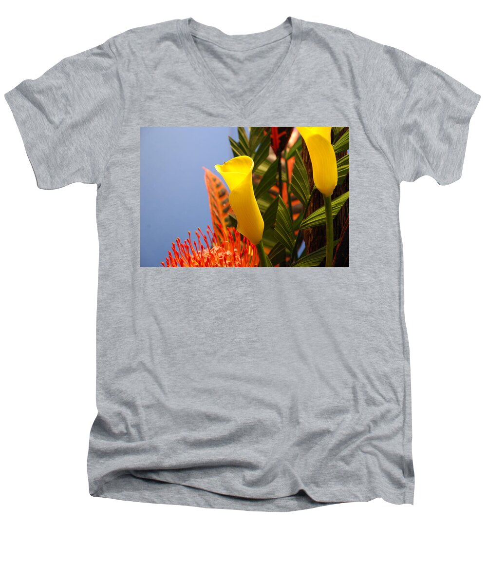 Calla Lily Men's V-Neck T-Shirt featuring the photograph Yellow Calla Lilies by Jennifer Ancker