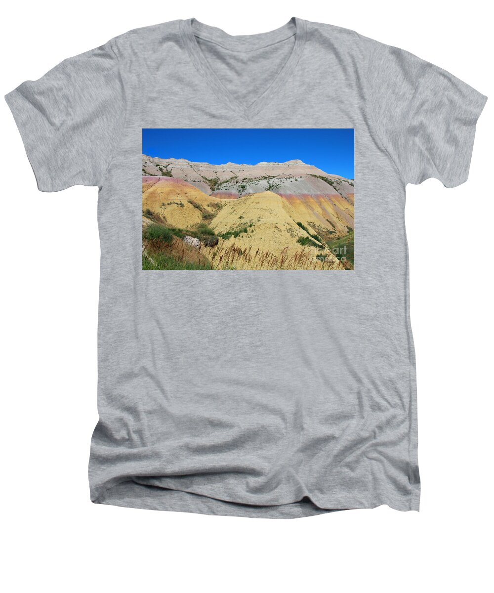 Yellow Mounds Men's V-Neck T-Shirt featuring the photograph Yellow Mounds Badlands National Park by Jemmy Archer