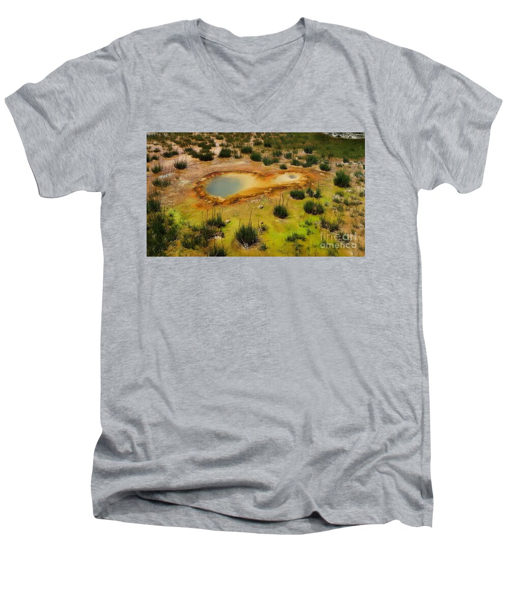 Bubbling Well Men's V-Neck T-Shirt featuring the photograph Yellowstone Hot Pool by Ausra Huntington nee Paulauskaite