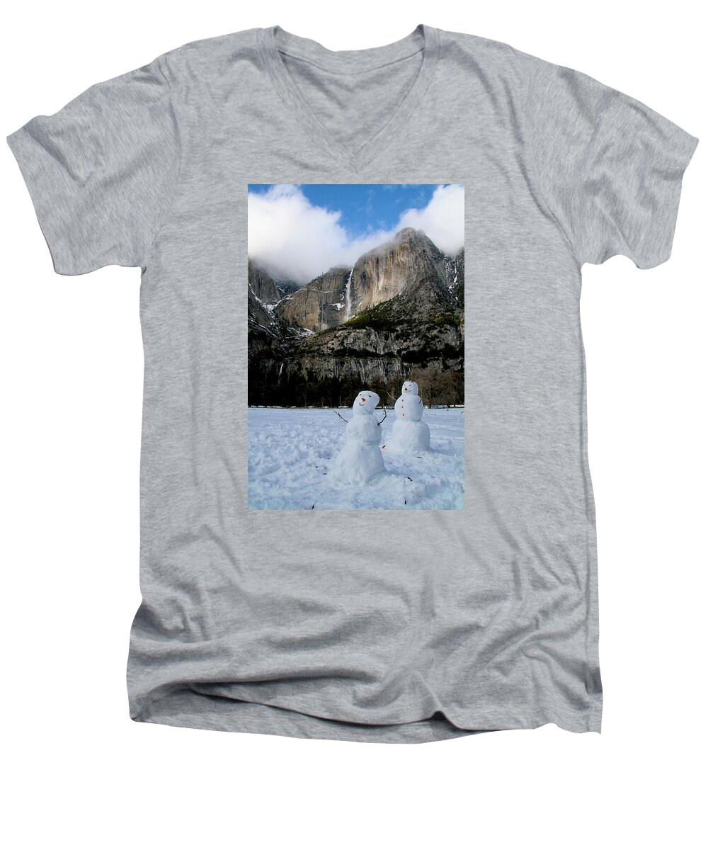 Yosemite Men's V-Neck T-Shirt featuring the photograph Yosemite Falls Snowmen by Her Arts Desire