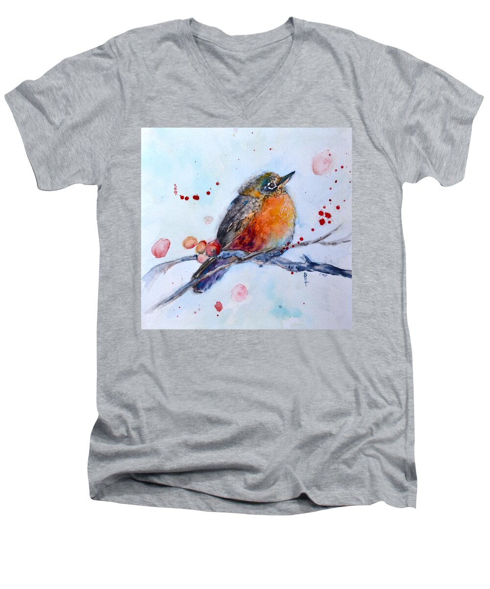 Young Robin Men's V-Neck T-Shirt featuring the painting Young Robin by Beverley Harper Tinsley