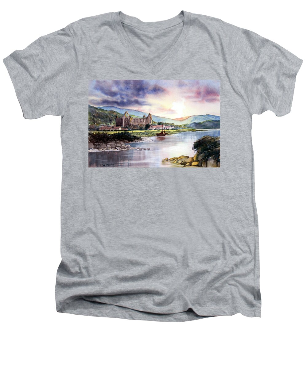Landscape Men's V-Neck T-Shirt featuring the painting Late Evening at Tintern Abbey by Glenn Marshall