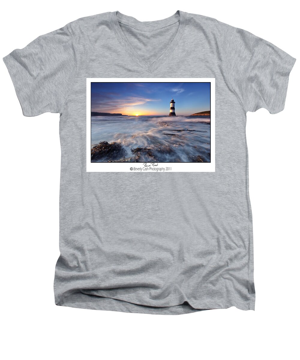Seascape Men's V-Neck T-Shirt featuring the photograph Penmon Point Lighthouse by B Cash