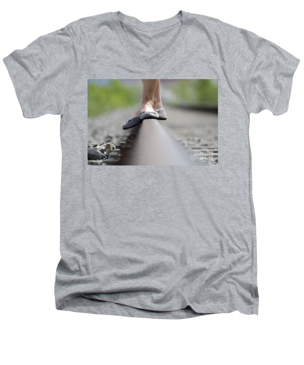 Shoes Men's V-Neck T-Shirt featuring the photograph Balance on railroad tracks #1 by Mats Silvan