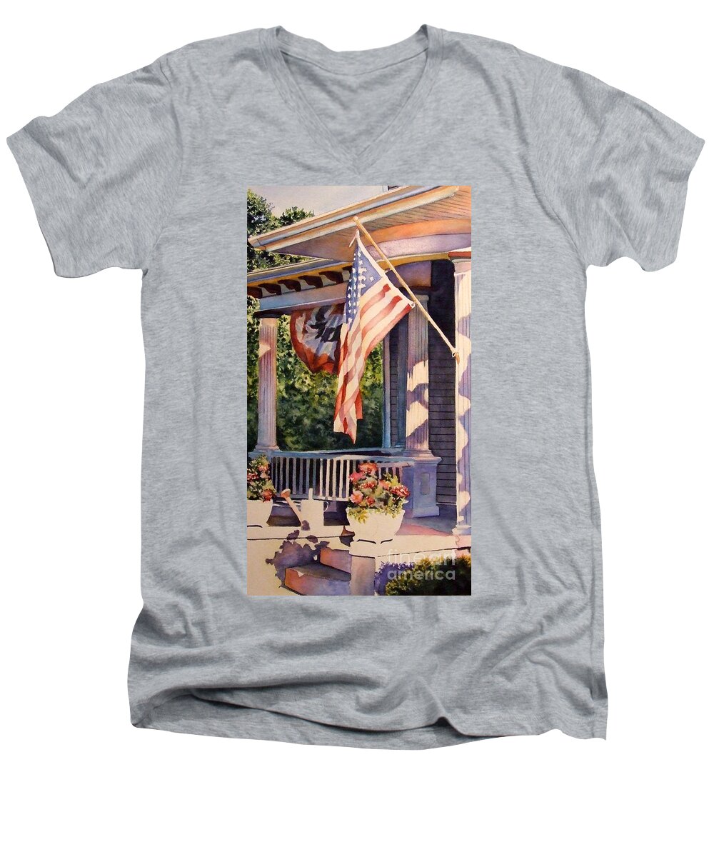 Historic Home Men's V-Neck T-Shirt featuring the painting Hot August Night #1 by Greg and Linda Halom