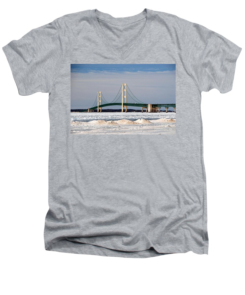 Mackinac Bridge Men's V-Neck T-Shirt featuring the photograph Mackinac Bridge in Winter #1 by Grace Grogan