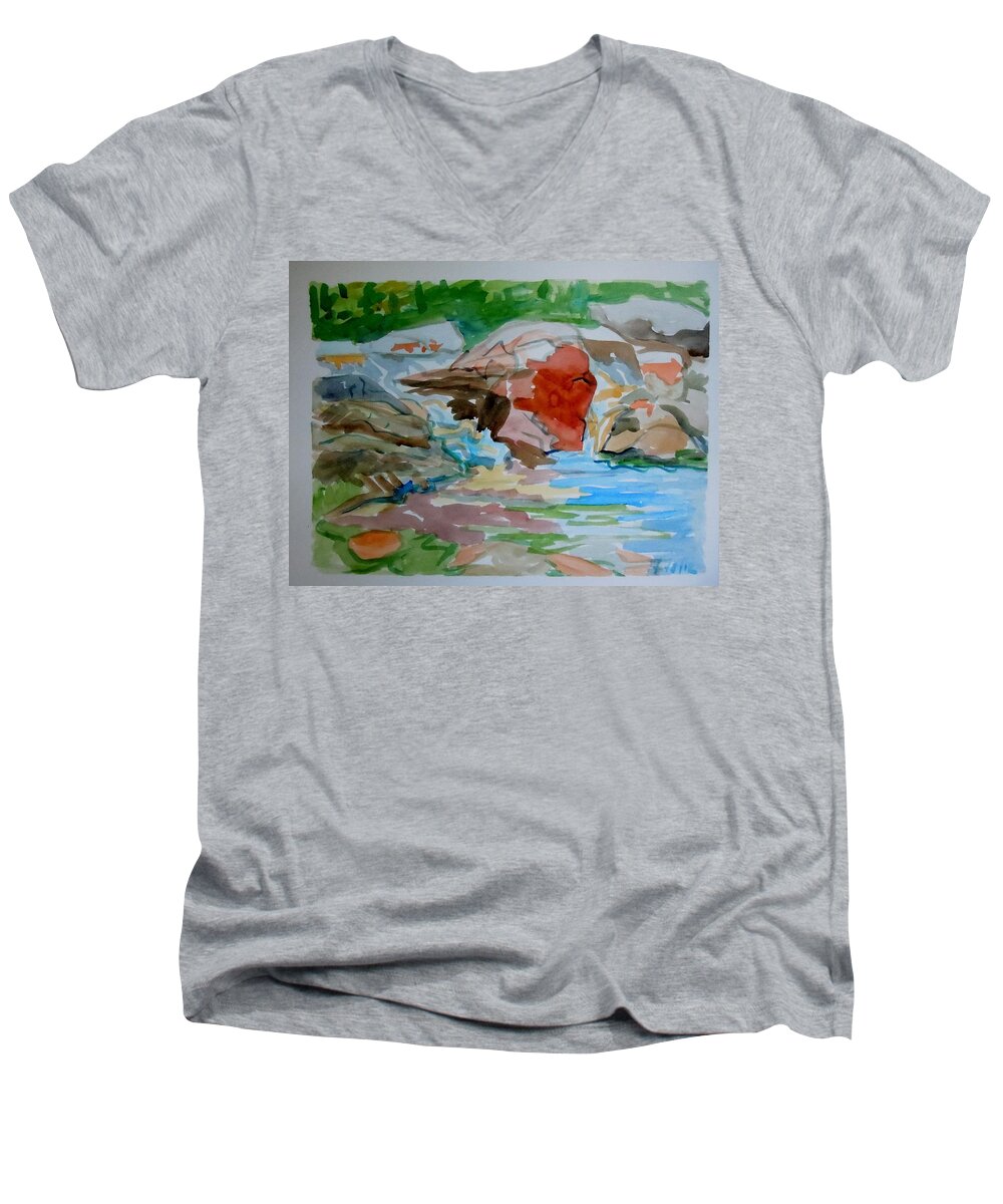 Maine Men's V-Neck T-Shirt featuring the painting Surry Falls by Francine Frank