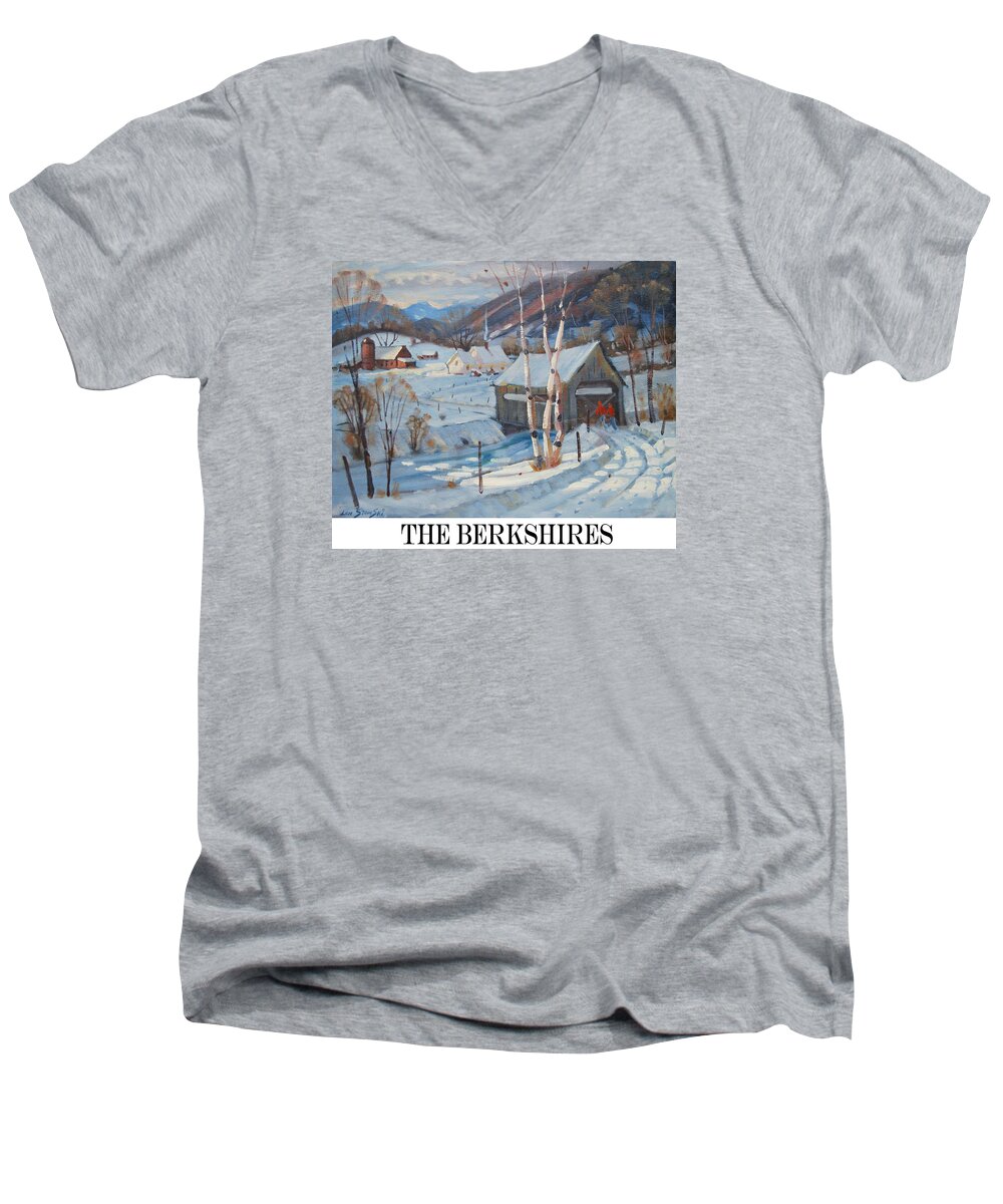 Covered Bridge. The Berkshires. Winter Men's V-Neck T-Shirt featuring the painting the Berkshires #2 by Len Stomski
