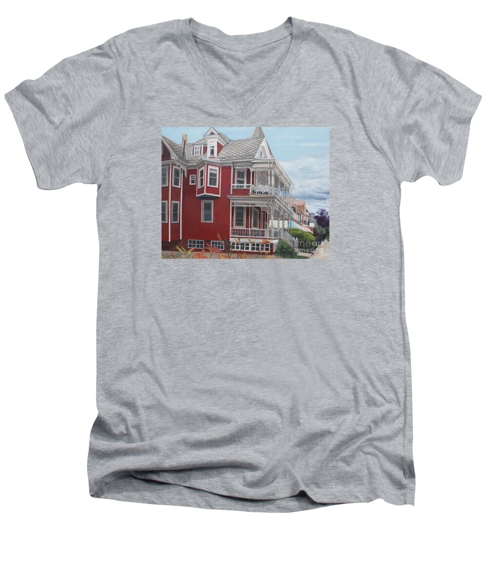 Victorian Men's V-Neck T-Shirt featuring the painting Victorian afternoon Cape May by Barbara Barber