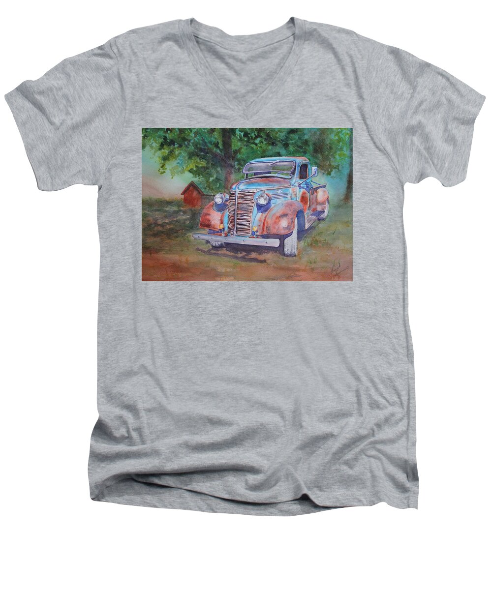 Old Truck Men's V-Neck T-Shirt featuring the painting '38 Chevy #38 by Ruth Kamenev