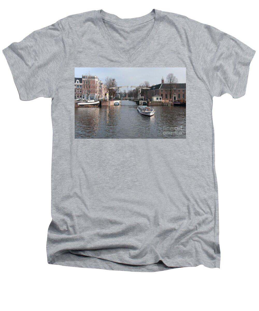 Along The River Men's V-Neck T-Shirt featuring the digital art City Scenes from Amsterdam #5 by Carol Ailles