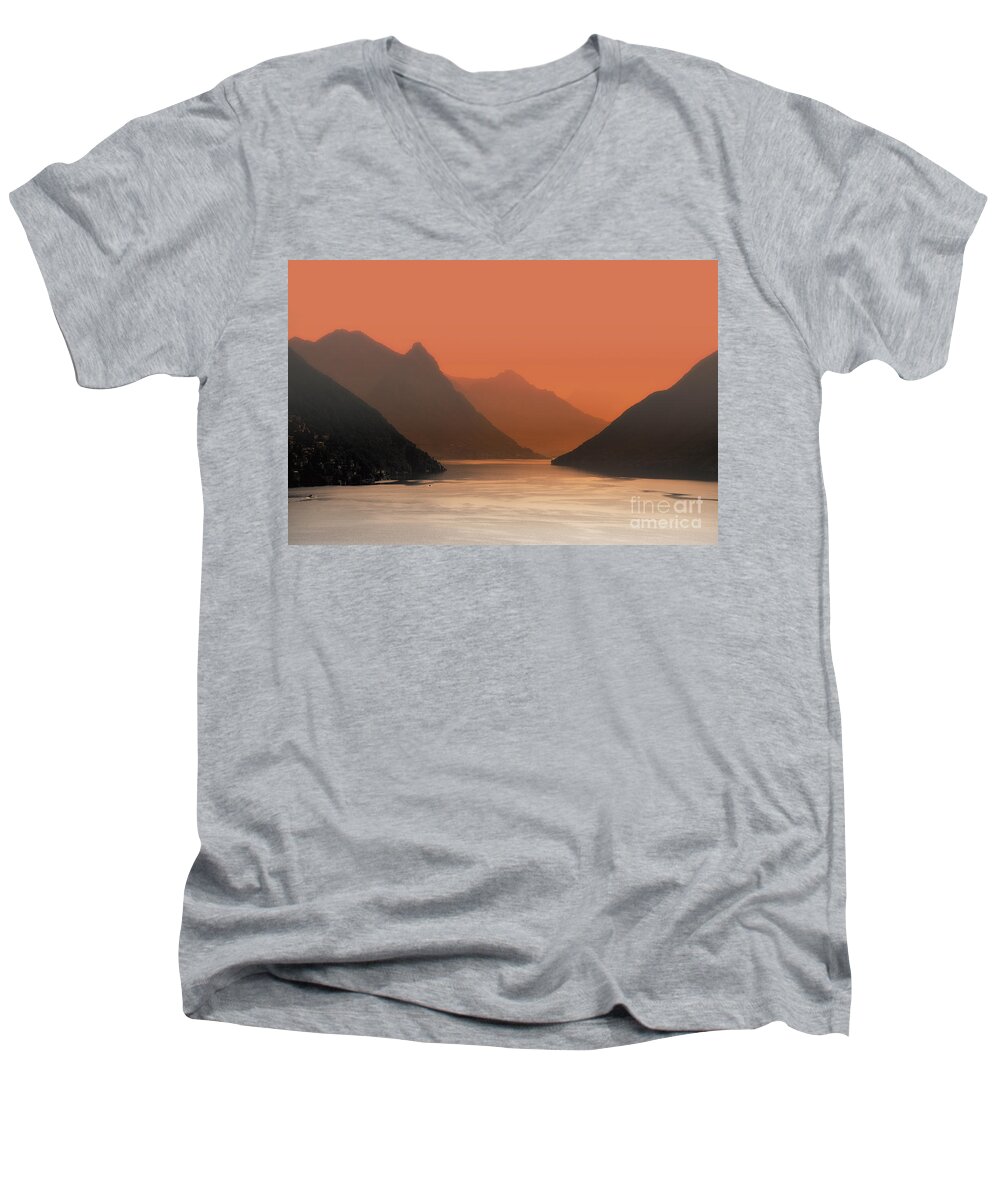 Orange Sky Men's V-Neck T-Shirt featuring the photograph Alpine lake by Mats Silvan