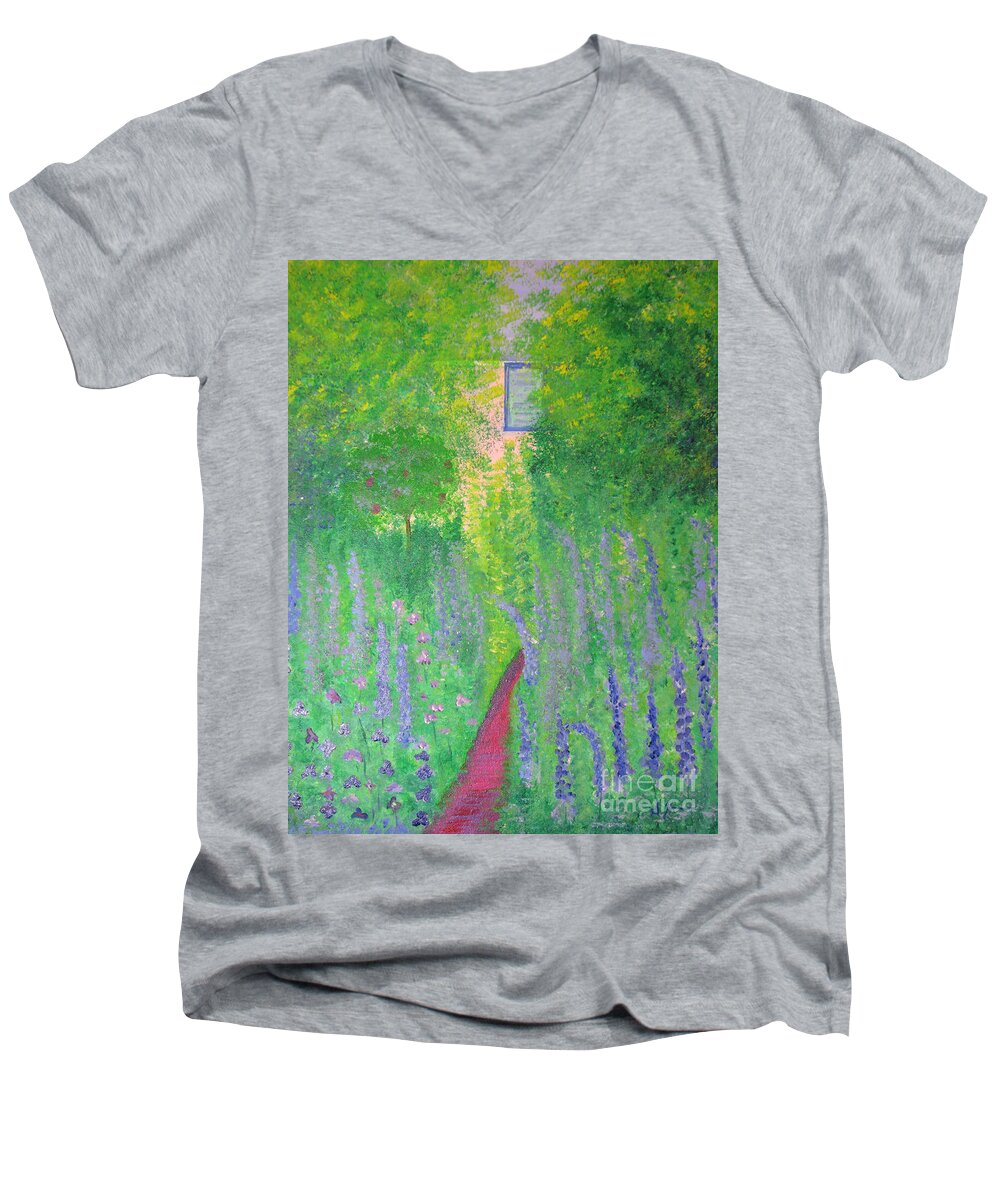 Garden Men's V-Neck T-Shirt featuring the painting An Artist's Cottage by Stacey Zimmerman