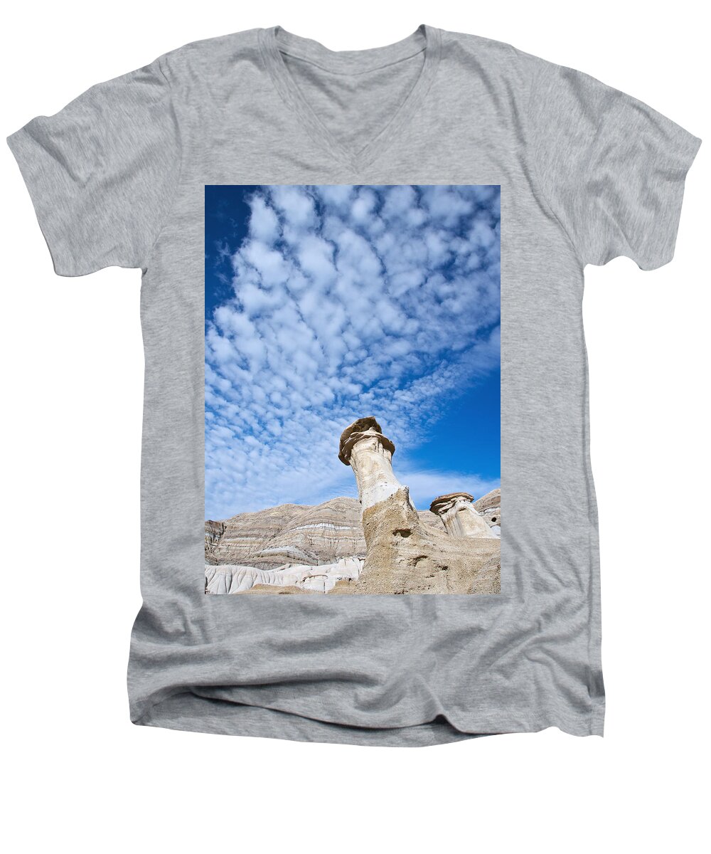 Hoodoos Men's V-Neck T-Shirt featuring the photograph Angled Hoodoo And Clouds by David Kleinsasser