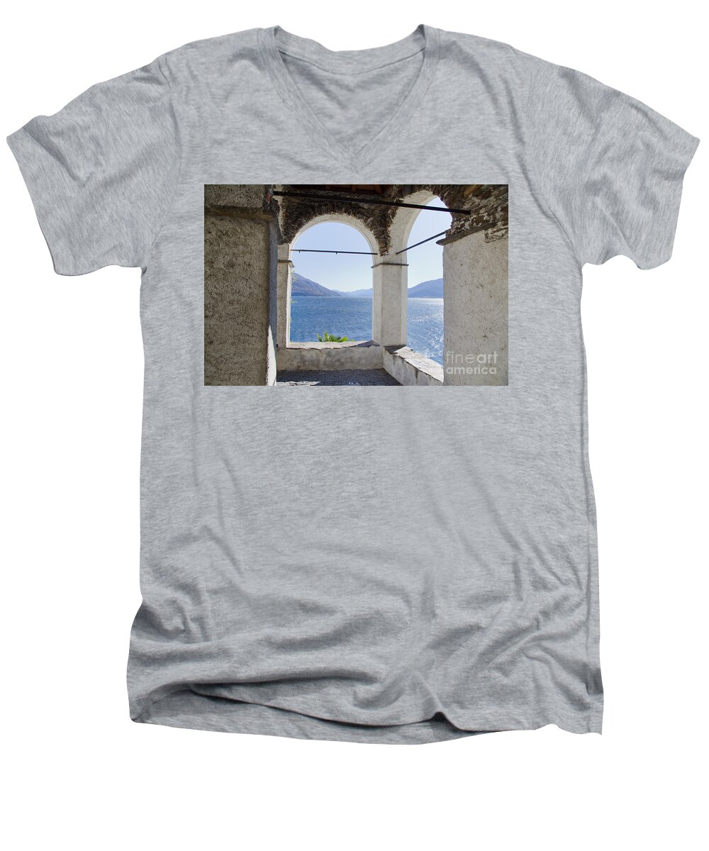 Arch Men's V-Neck T-Shirt featuring the photograph Arch and lake by Mats Silvan