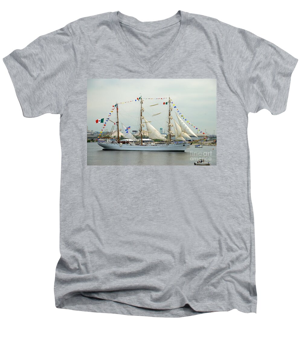 Baltimore Men's V-Neck T-Shirt featuring the photograph ARM Cuauhtemoc passing by Fort McHenry by Mark Dodd