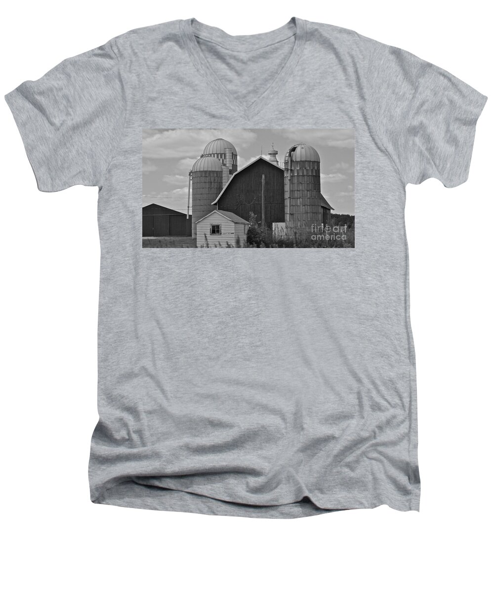 Black And White Men's V-Neck T-Shirt featuring the photograph Barns and Silos black and white by Pamela Walrath