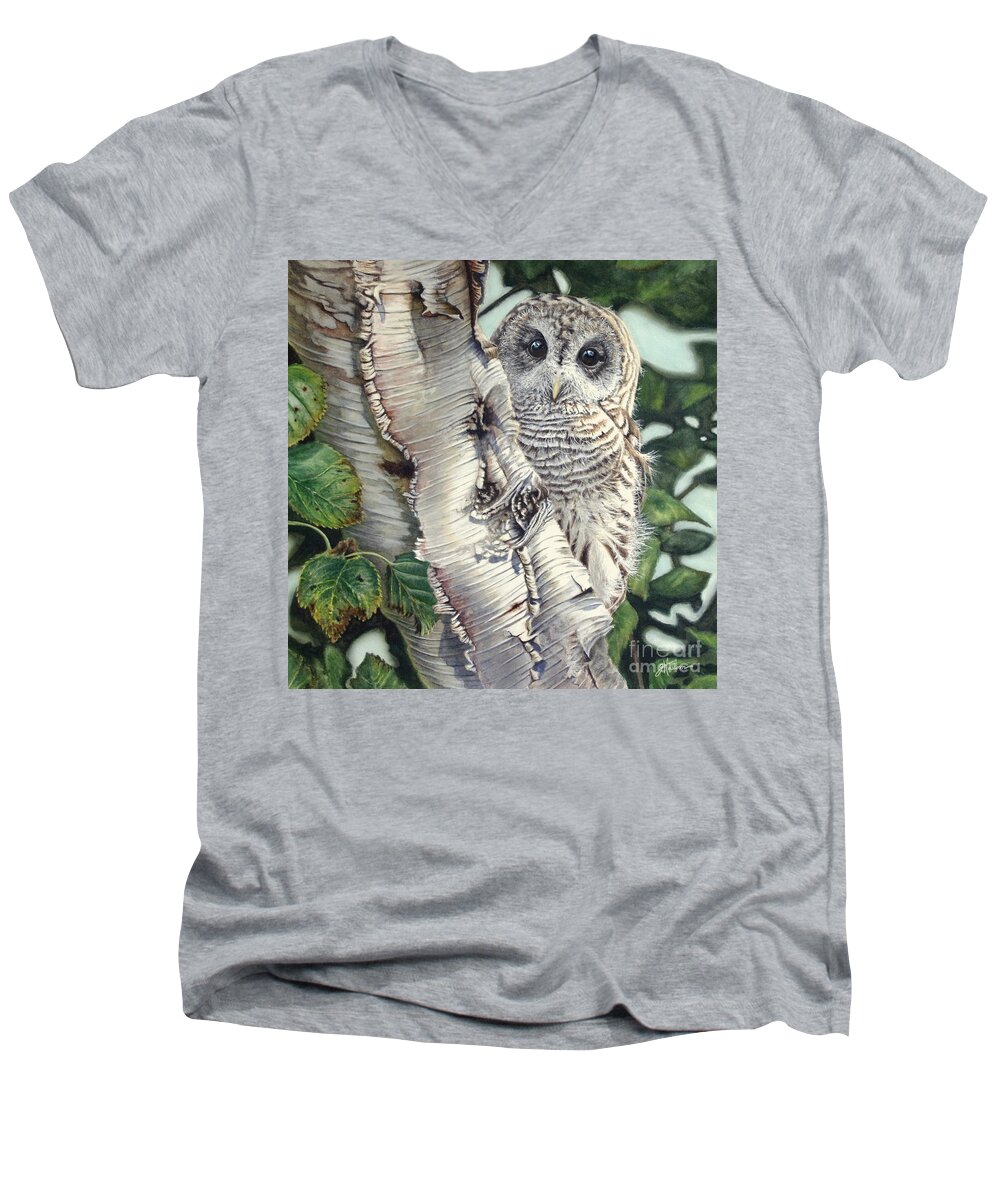 Owl Men's V-Neck T-Shirt featuring the painting Barred Owl II by Greg and Linda Halom