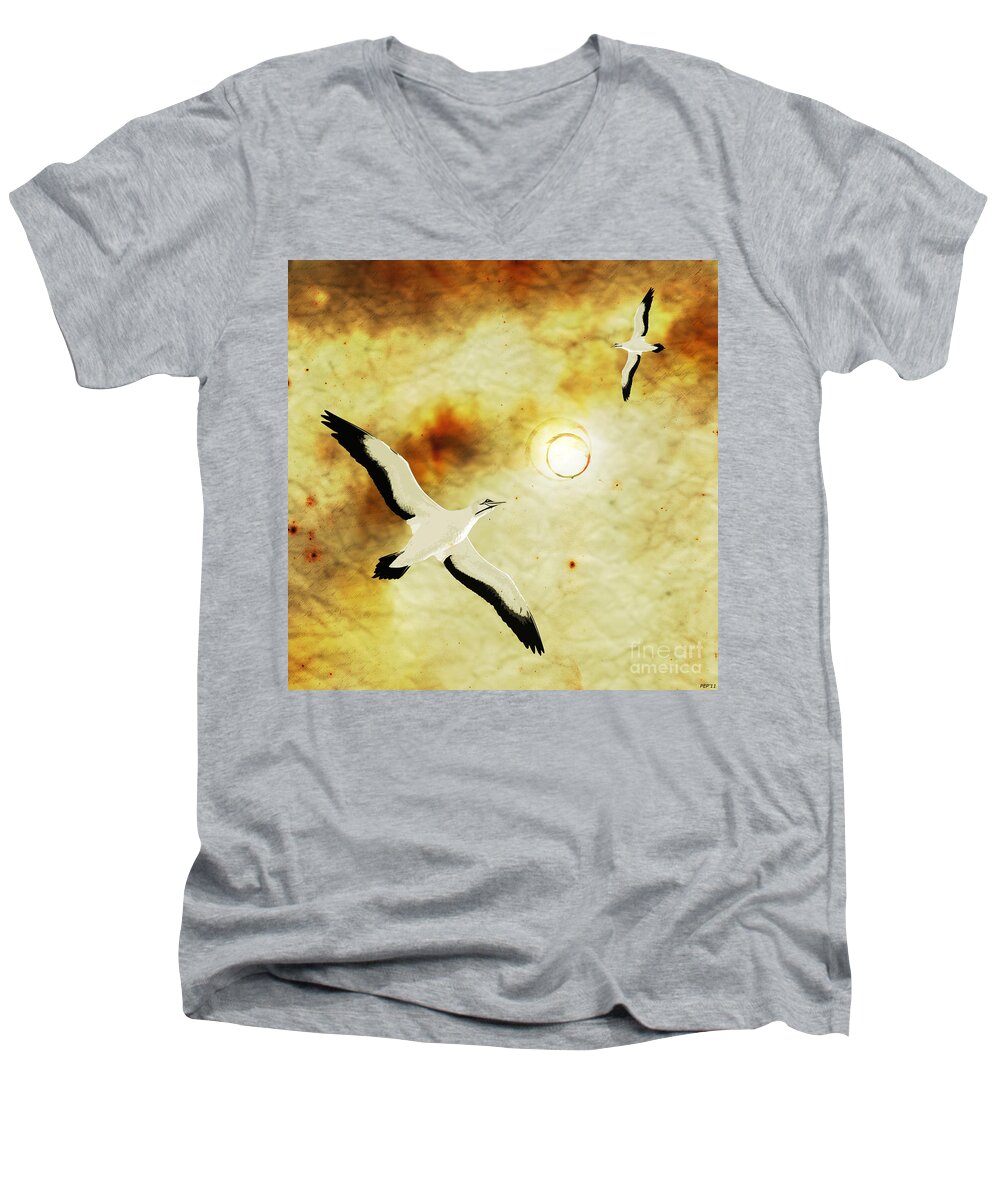 Birds Men's V-Neck T-Shirt featuring the digital art Birds of The Sun by Phil Perkins